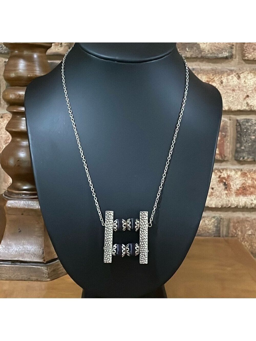 Vintage satin beaded silver tone necklace